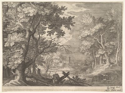 Waldszene mit sumpfigen Ufern, zwei Männer und ein Hund im Profil links, zwei langhalsige Vögel, ca. 1600 von Aegidius Sadeler II
