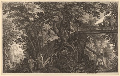 Waldlandschaft mit zwei Männern und einer Frau, die sich in der Nähe einer Brücke ausruhen von Aegidius Sadeler II after Pieter Stevens