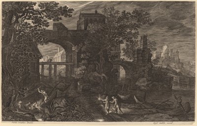 Nächtliche Landschaft mit Flussfischern vor Stadtmauern von Aegidius Sadeler II after Pieter Stevens