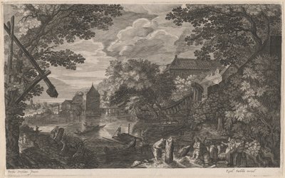 Flusslandschaft mit Fischern bei einer befestigten Stadt von Aegidius Sadeler II after Pieter Stevens
