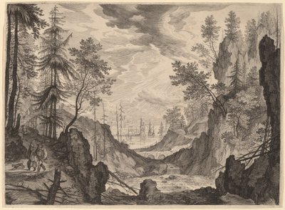 Waldszene mit Wasserfall von Aegidius Sadeler II after Roelandt Savery