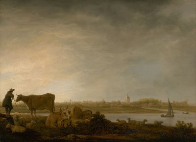 Ansicht von Vianen mit einem Hirten und Vieh an einem Fluss, ca. 1643-45 von Aelbert Cuyp