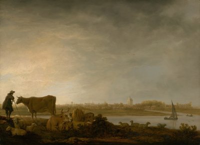 Ansicht von Vianen mit einem Hirten und Vieh an einem Fluss, ca. 1643-45 von Aelbert Cuyp