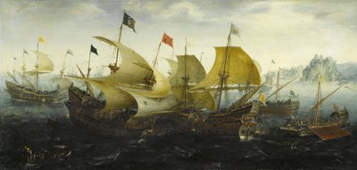 Schlacht von Cádiz: Niederländische und englische Schiffe greifen die spanische Armada an von Aert Anthonisz