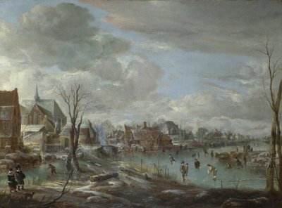 Ein zugefrorener Fluss in der Nähe eines Dorfes, mit Golfern und Schlittschuhläufern von Aert van der Neer