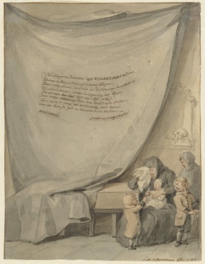 Witwe mit vier Kindern bei einem Sarg von Aert Schouman