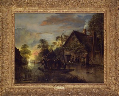 Eine Flusslandschaft mit Bauern, die einen Stier überqueren, Bauern bei einem Cottage dahinter von Aert van der Neer