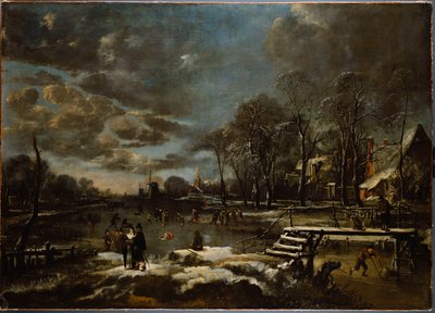 Eine Winterflusslandschaft mit Figuren, die Golf spielen und Schlittschuh laufen von Aert van der Neer