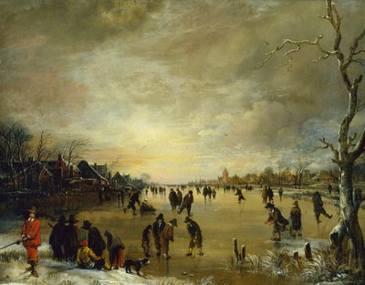 Winterlandschaft bei Sonnenuntergang mit Menschen, die Golf spielen und Schlittschuh laufen von Aert van der Neer