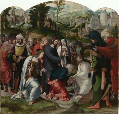 Die Auferweckung des Lazarus, Mittelteil des Triptychons, um 1530 von Aertgen Claesz van Leyden