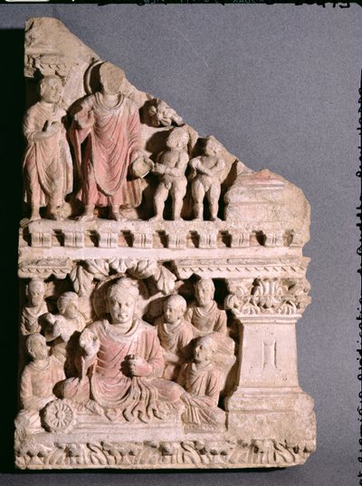 Szenen aus dem Leben Buddhas: Das Angebot einer Schale Staub und die erste Predigt, griechisch-buddhistischer Stil, aus Hadda von Afghan School