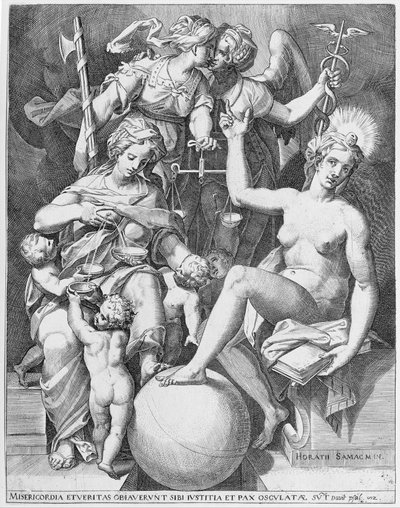 Allegorie des Psalms von David, Misericordia füttert vier Kinder von After Agostino Carracci.