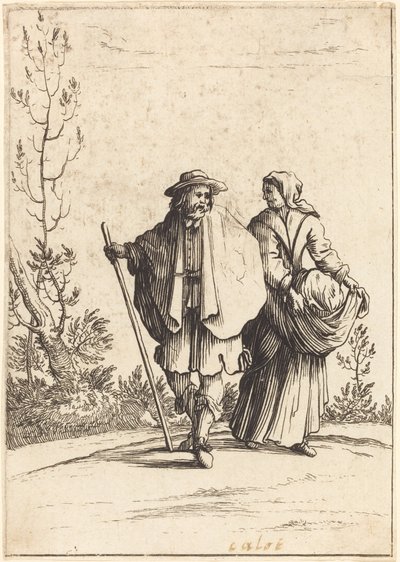 Bettlerpaar mit Landschaft im Hintergrund von After Jacques Callot