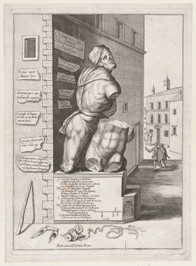 Statue von Pasquin im Haus des Kardinals Ursino, veröffentlicht nach 1582 von After Nicolas Beatrizet.