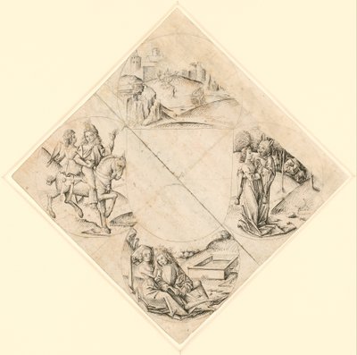 Entwurf für ein Vierpass mit einer Burg, zwei Liebenden, einer von einem Narren verführten Jungfrau, einem Paar, das an einem Trog sitzt, und einem Ritter und seiner Geliebten auf einem Pferd von After The Master of the Housebook
