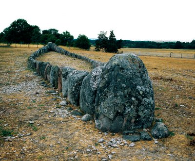Ausrichtung von Steinen in Form eines Schiffes, prähistorisches Grab von Gannarve. Bronzezeit. Maße 5x29 m Visby, Schweden von Age Bronze