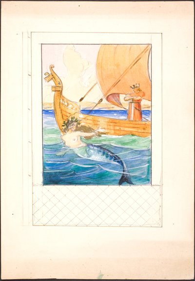 Illustration zu Oehlenschläger mit Meerjungfrau und einem König auf einem Schiff, eingefasst in einen Rahmenentwurf von Agnes Slott Møller