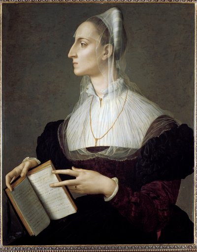 Porträt der italienischen Dichterin Laura Battiferri, die die Sonette von Petrarca liest von Agnolo Bronzino