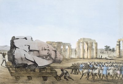 Art und Weise, wie der Kopf des jungen Memnon entfernt wurde, aus Platten zur Veranschaulichung der Forschungen in Ägypten und Nubien, Giovannie Battista Belzoni, veröffentlicht 1822 von Agostino Aglio