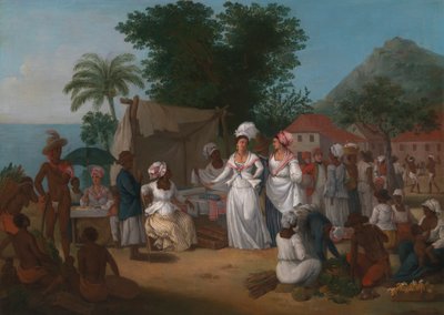 Ein Leinenmarkt mit einem Leinenstand und einer Gemüsehändlerin in den Westindischen Inseln von Agostino Brunias