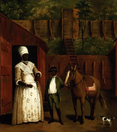 Eine schwarze Mutter und Sohn mit einem Pony vor einem Stall von Agostino Brunias
