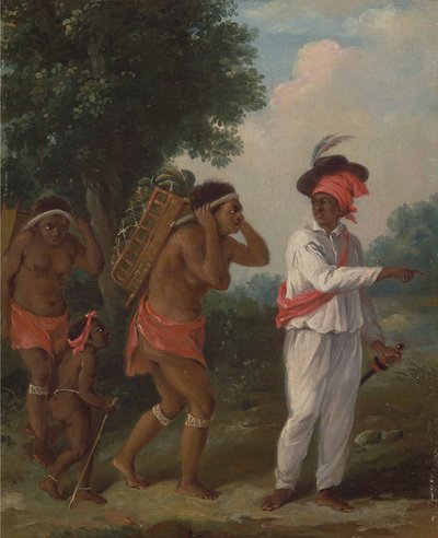 Westindischer Farbiger, der zwei Karibische Frauen mit einem Kind anleitet von Agostino Brunias
