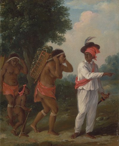 Westindischer Farbiger, der zwei Karibische Frauen mit einem Kind anweist von Agostino Brunias