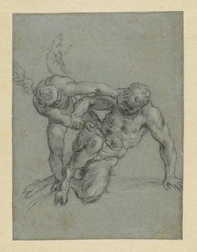 Amor überwältigt Pan (recto); Kopf eines Mönchs; Karikatur eines Mannes im Profil (verso) von Agostino Carracci