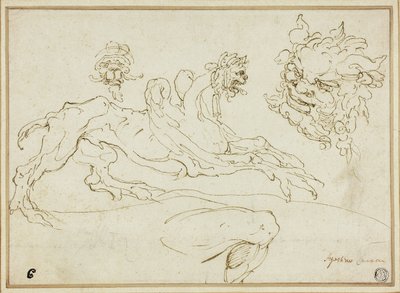 Vier Skizzen: Greif, Grotesker Kopf, Kopf eines Satyrs, Gebogenes Bein von Agostino Carracci
