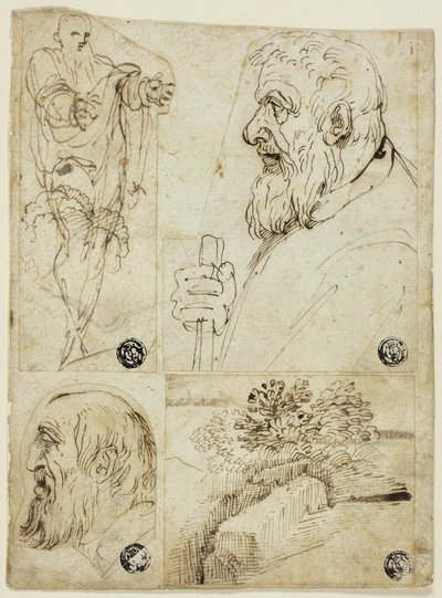 Vier Skizzen: Stehende männliche Figur; Profilbüste eines bärtigen Mannes; Profilkopf eines bärtigen Mannes; Landschaft von Agostino Carracci
