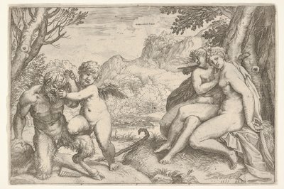 Die Liebe besiegt alles Omnia vincit Amor, im Kampf mit einem Satyr von Agostino Carracci
