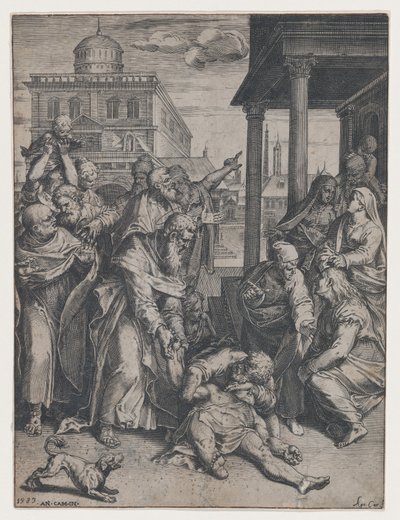 Der heilige Paulus erweckt Patroklos, der am Boden liegt, umgeben von einer Gruppe von Zuschauern, 1583 von Agostino Carracci