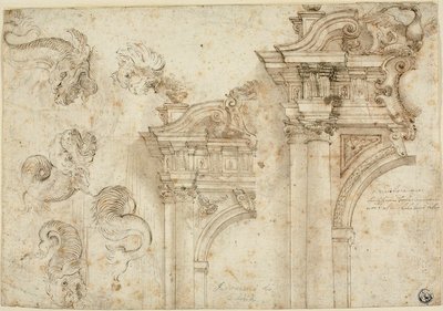 Blatt mit Skizzen: Seeungeheuer und aufwendige Portale (recto); Skizzen von architektonischen Details (verso) von Agostino Mitelli