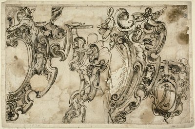 Skizzen von dekorativen Motiven (recto); Skizze eines dekorativen Motivs (verso) von Agostino Mitelli
