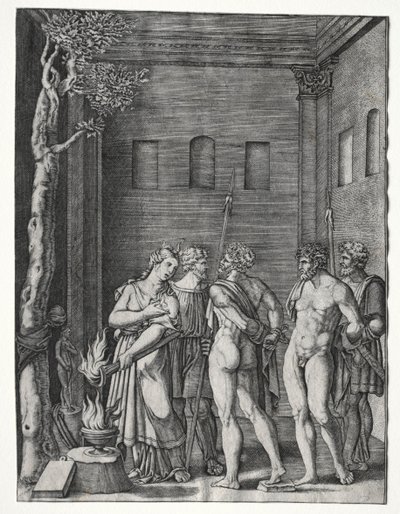 Orestes und Pylades werden Iphigenie zum Opfer gebracht, 1514-1536 von Agostino Musi