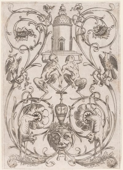 Groteskes Ornament mit Satyrn, aus einem Satz von zwanzig Ornamenttafeln von Agostino Veneziano