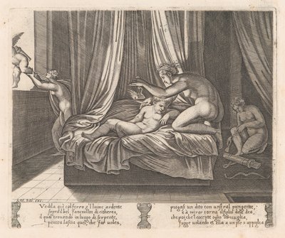 Psyche betrachtet Amor, aus der Geschichte von Amor und Psyche, erzählt von Apuleius von Agostino Veneziano