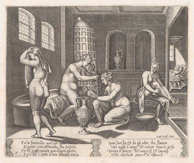 Tafel 7: Psyche wird in ihrem Bad bedient, aus der Geschichte von Amor und Psyche, erzählt von Apuleius, 1530-60 von Agostino Veneziano
