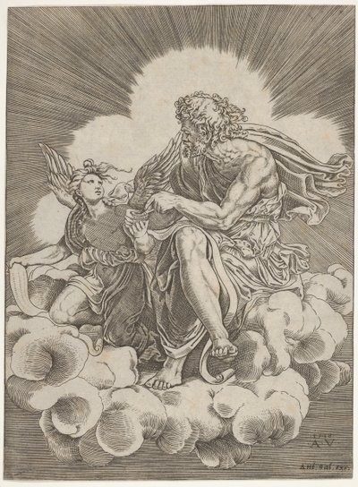 St. Matthäus, auf einer Wolke sitzend und eine Feder in ein Tintenfass tauchend, gehalten von einem Engel..., ca. 1518-20 von Agostino Veneziano