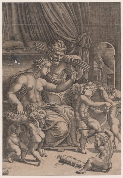 Venus und Vulkan umgeben von Cupidos, datiert 1530 von Agostino Veneziano