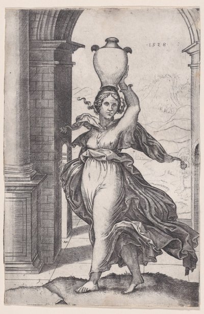 Frau, die eine Vase auf dem Kopf trägt, datiert 1528 von Agostino Veneziano