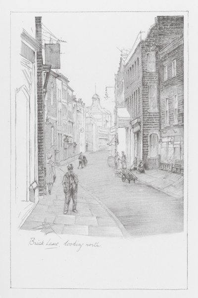 Londoner Gassen: Brick Lane, Blick nach Norden (Litho) von Alan Stapleton