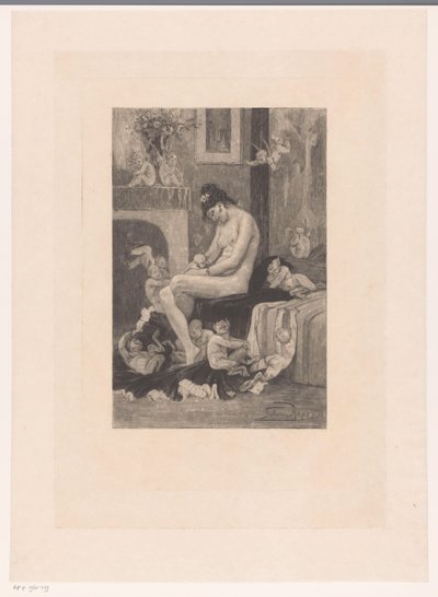 Nackte Frau am Rand eines Bettes umgeben von spielenden Dämonen von Albert Bertrand (attributed to)