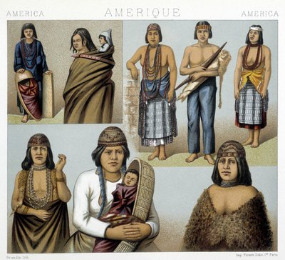 Kostüme der kalifornischen Indianer. Illustration in „The historical costume“ von Racinet von Albert Charles August Racinet