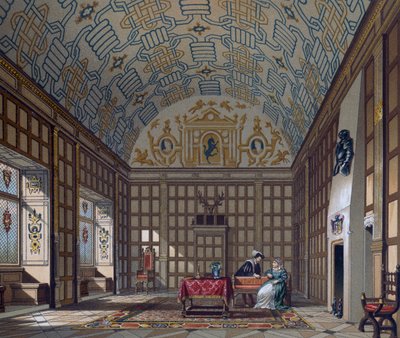 Innenraum eines englischen Wohnhauses aus dem 16. Jahrhundert, Lithographie von Gaulard aus Le Costume historique von Albert Charles August Racinet