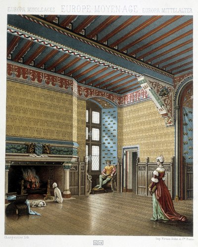 Innenraum eines herrschaftlichen Wohnsitzes im Mittelalter - in „The historical costume“ von Racinet von Albert Charles August Racinet