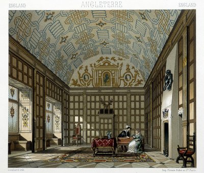 Innenraum eines herrschaftlichen Hauses in England im 17. Jahrhundert. Illustration in „Le costume historique“ von Racinet von Albert Charles August Racinet