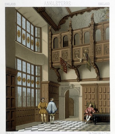 Innenraum eines herrschaftlichen Hauses in England im 18. Jahrhundert. Illustration in „Le costume historique“ von Racinet von Albert Charles August Racinet
