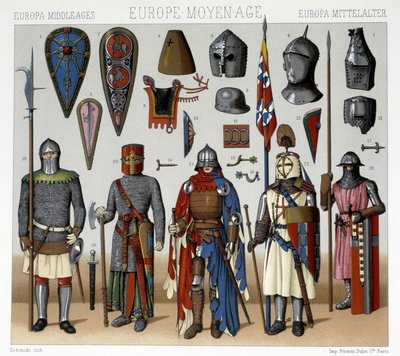 Militärische Kostüme und Helme in Frankreich vom 13. bis 15. Jahrhundert. Illustration in „Le costume historique“ von Racinet von Albert Charles August Racinet