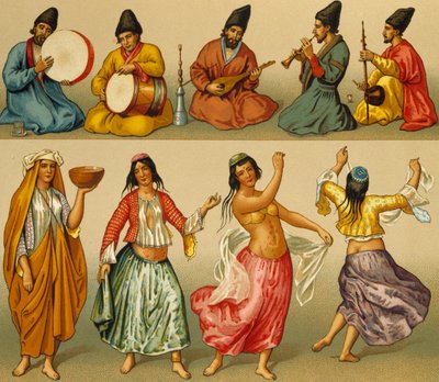 Musiker und Tänzer aus Persien, Lithographie von Dambourget, aus Le Costume historique (Komplette Kostümgeschichte), Band I von Albert Charles August Racinet